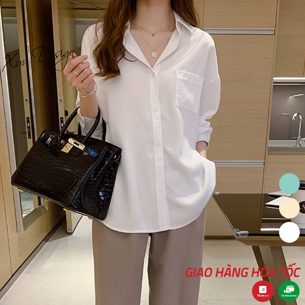 Áo Sơ Mi Nữ Form Rộng Dài Tay Có Túi Ngưc Chất Cotton Lụa Hàn Unisex Màu Trắng Áo Sơ Mi nữ Trắng Túi