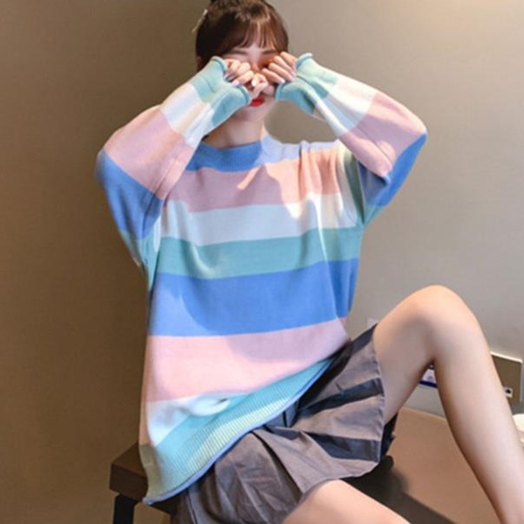 Áo Sweater Dáng Rộng Họa Tiết Kẻ Sọc Màu Cầu Vồng Phong Cách Mới 2020 Dễ Phối Đồ