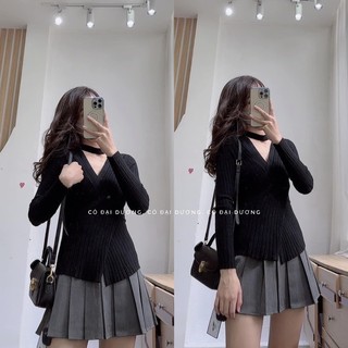 Áo len chocker cố V vạt chéo