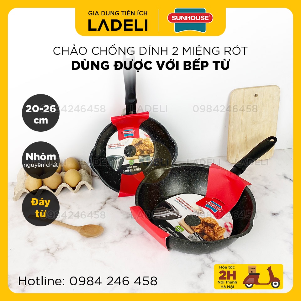 Chảo chống dính sâu lòng đáy từ miệng rót SUNHOUSE SHS20MRD / SHS26MRD size 20cm / 26cm dùng được với bếp từ