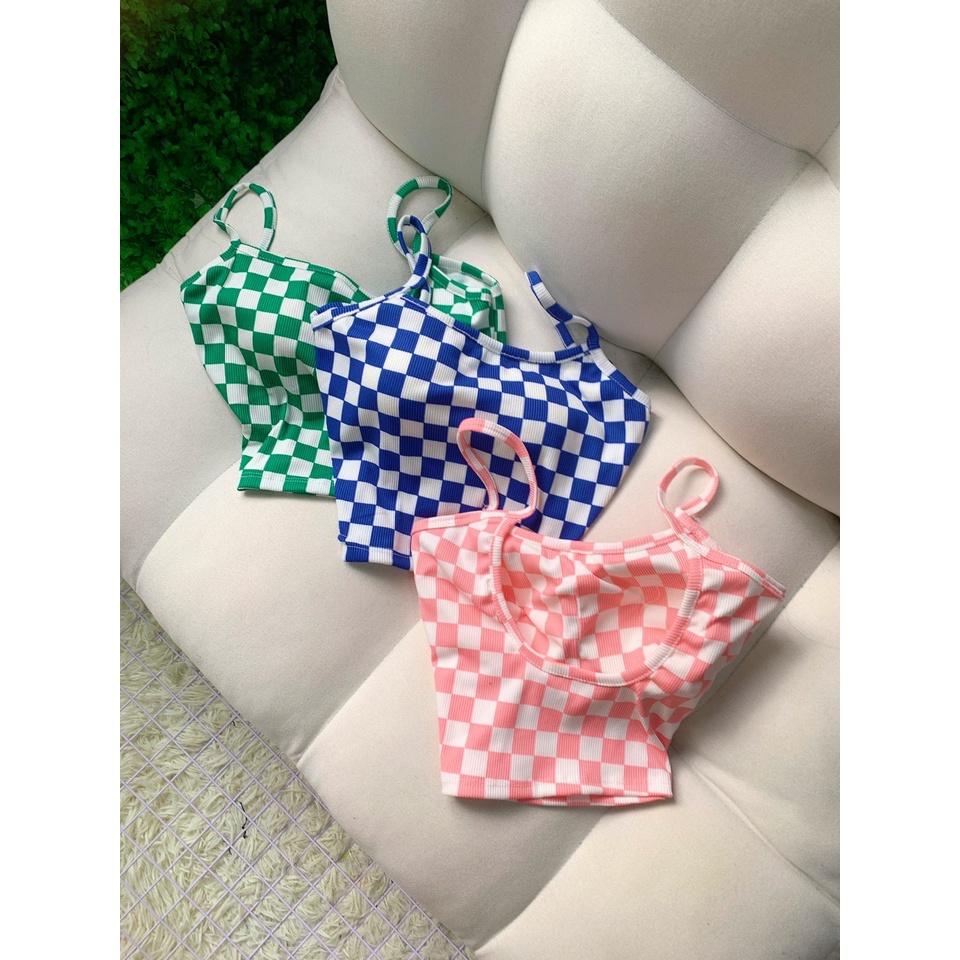 Áo 2 dây croptop phối màu caro hở lưng có mút ngực cực xinh , chất thun gân mềm mịn