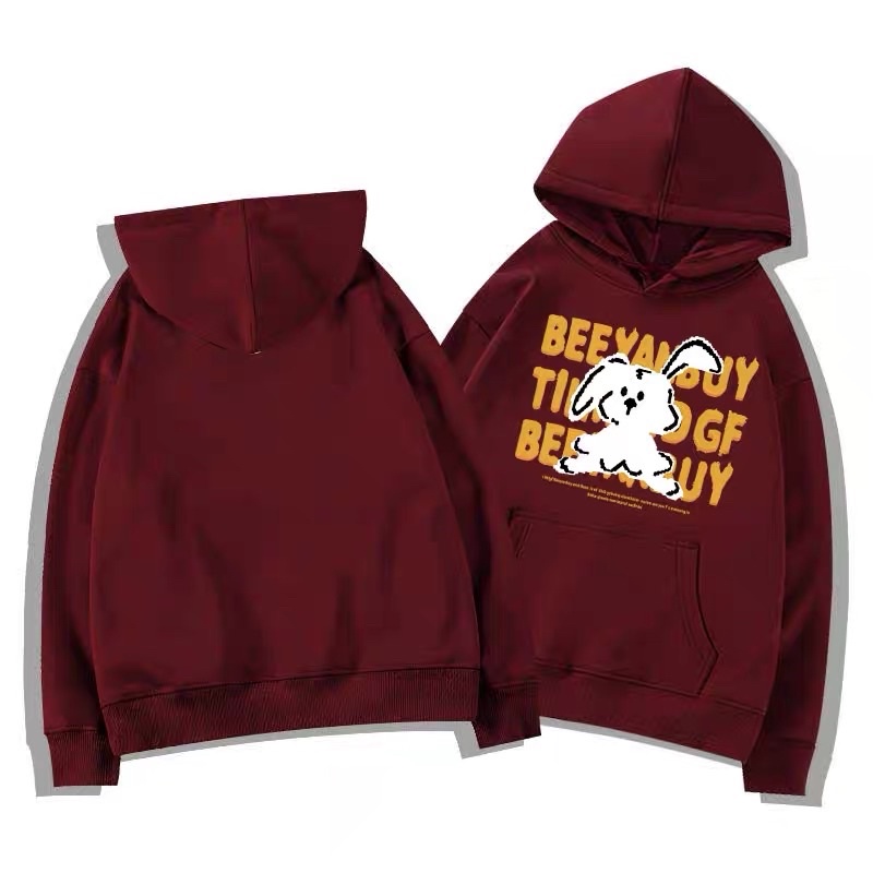 Áo Hoodie Nỉ Bông Màu Đỏ Đô Tay Dài Túi Bụng Hoạ Tiết Thỏ Con