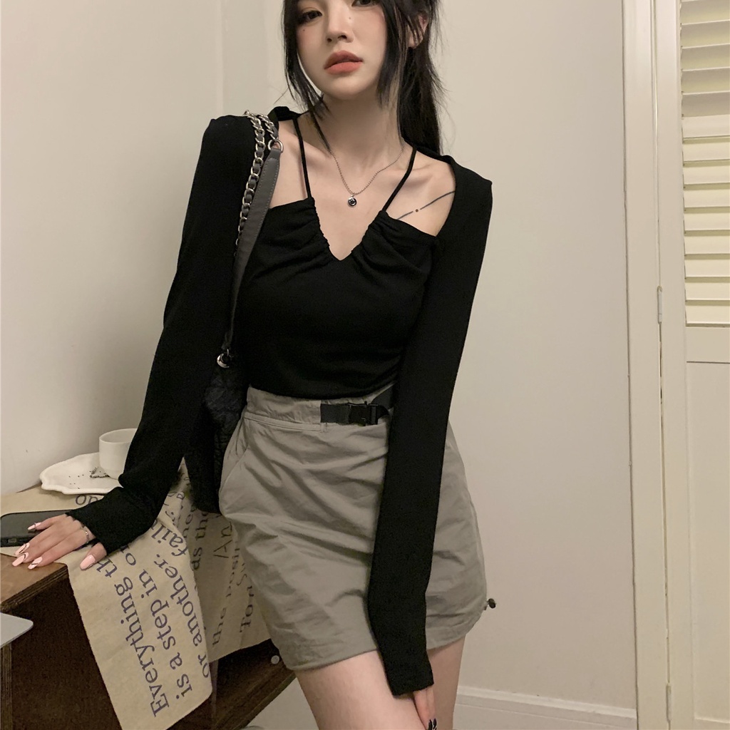 SUXI Áo Croptop Tay Dài Cổ Chữ V Màu Sắc Đơn Giản Cho Nữ