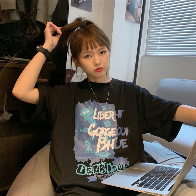 Áo Thun Ngắn Tay Dáng Rộng In Họa Tiết Xinh Xắn Theo Phong Cách Hàn Quốc