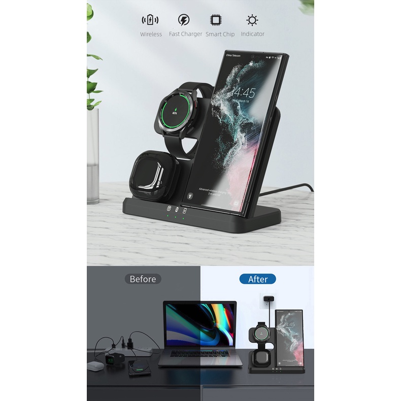 SAMSUNG Đế Sạc Không Dây 3 Trong 1 Cho galaxy watch 5 pro / 4 / 3 / active 2 / 1 s22 ultra note20 10 z flip 4 galaxy buds