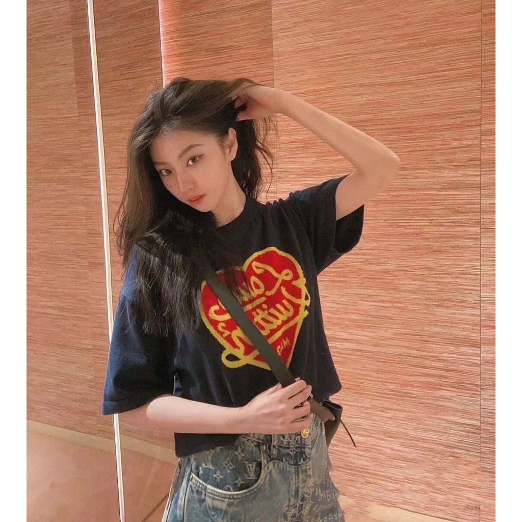 Áo Thun Tay Ngắn Đan Len Màu Xanh Navy In Họa Tiết LV & NIGO Thời Trang Cho Cặp Đôi