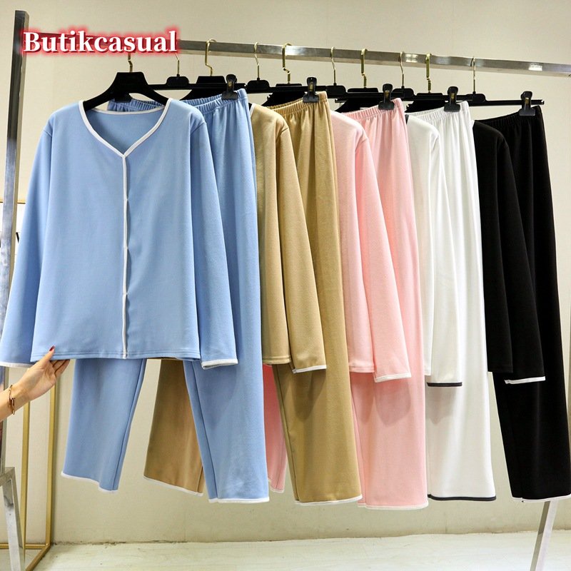 Set Đồ Bộ Mặc Ở Nhà Cổ Chữ V Dáng Rộng Bằng Vải Bông Dày Dặn Giữ Ấm Mùa Thu Đông Hàng Có Sẵn Mới Dành Cho Bạn Nữ