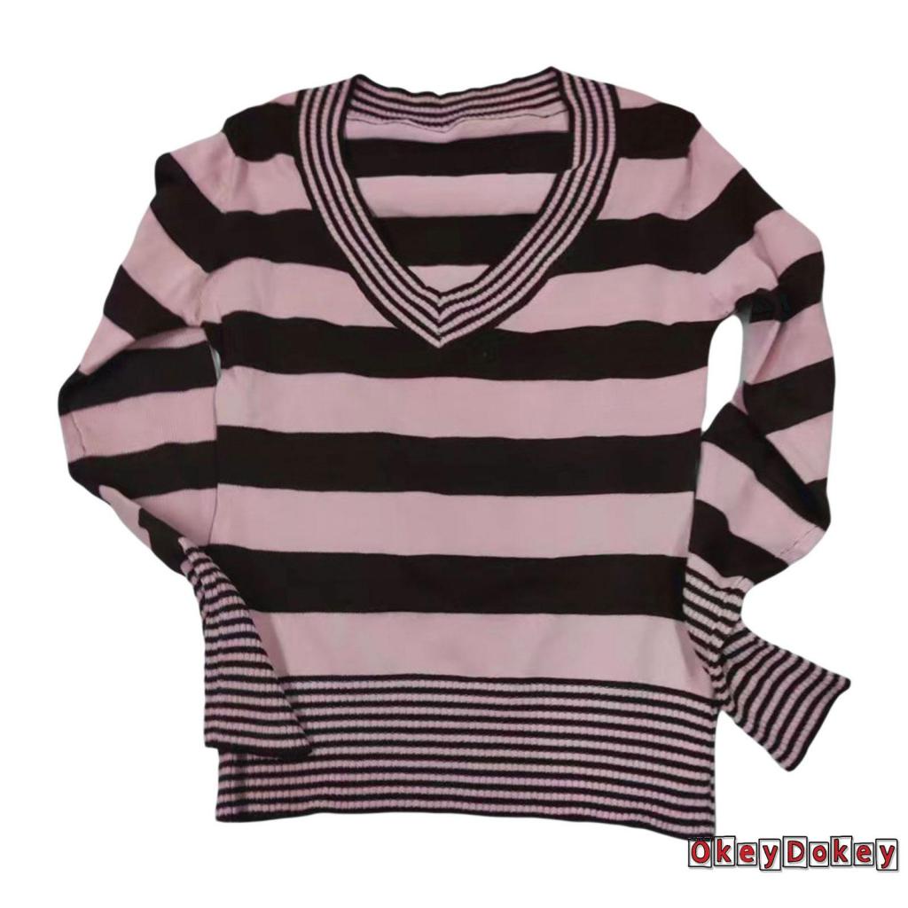 Áo Sweater Dệt Kim Tay Dài Cổ Chữ V Kẻ Sọc Kiểu Vintage Thời Trang Cho Nữ OKDK-Y2K