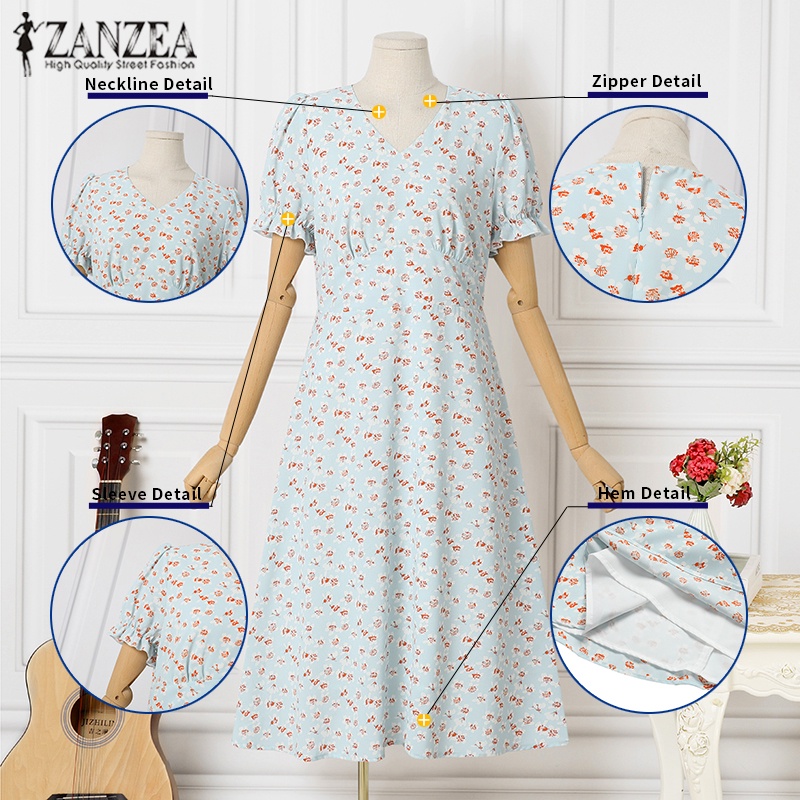 Đầm midi ZANZEA tay ngắn phồng cổ chữ V in họa tiết hoa thời trang dành cho nữ