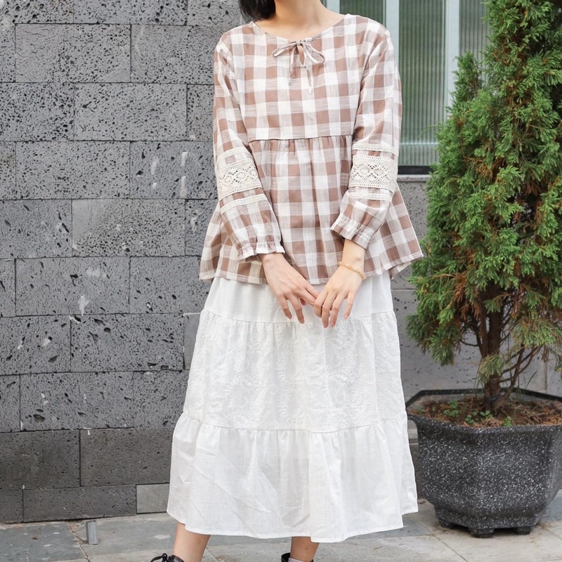 Áo babydoll caro phối ren | Lá Xoè