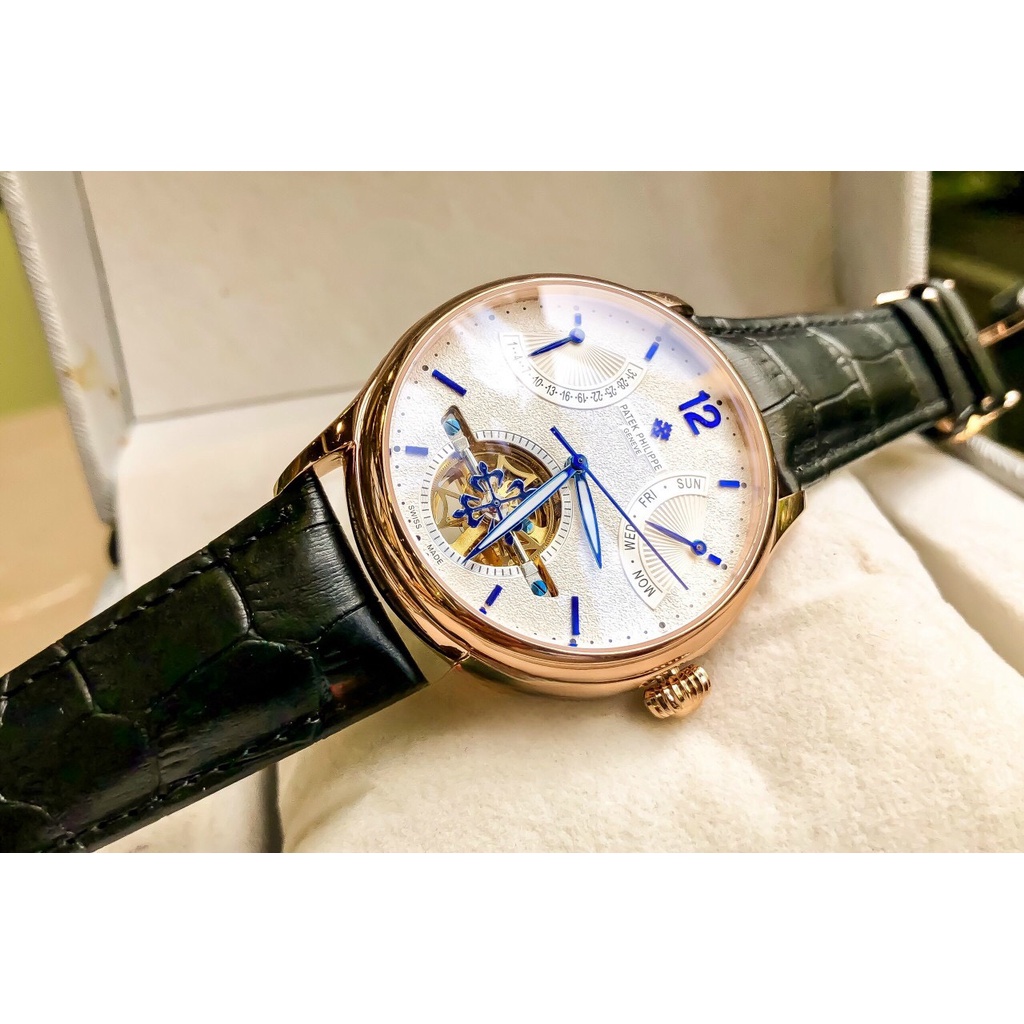 Đồng hồ Nam Patex 6kim cơ automatic máy nhật vàng có lịch thứ ngày trăng sao dây da