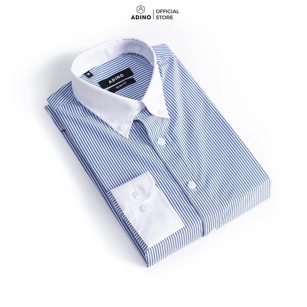 Áo sơ mi kẻ sọc xanh nam ADINO vải polyester mềm mịn mát không nhăn dáng slimfit công sở trẻ trung SM11