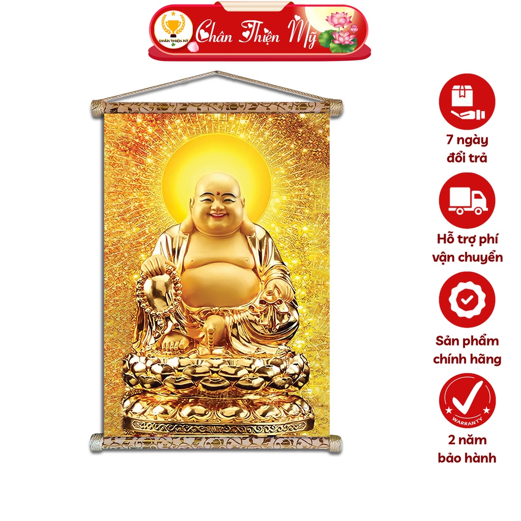 Tranh Phật Treo Tường Phật Di Lặc CHÂN THIỆN MỸ, Chất Liệu Vải Lụa Kim Sa Khung Gỗ 40x60cm DLTP-30