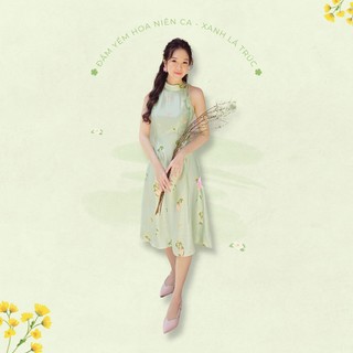 Sumire Store Đầm cổ yếm Hoa Niên Ca - Xanh lá trúc