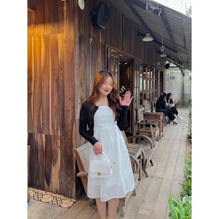 Set đầm ô xếp ly + khoác đen