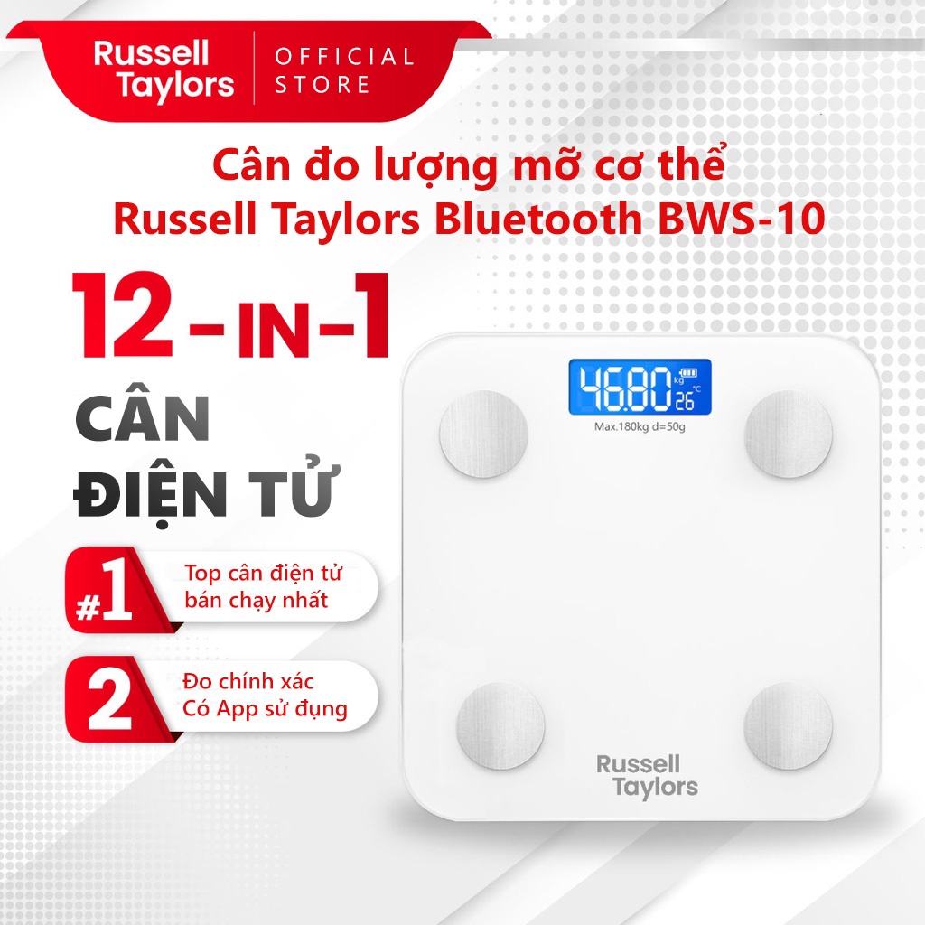 [Quà tặng] Cân đo lượng mỡ cơ thể Russell Taylors Bluetooth BWS-10 (Trắng) - Hàng chính hãng