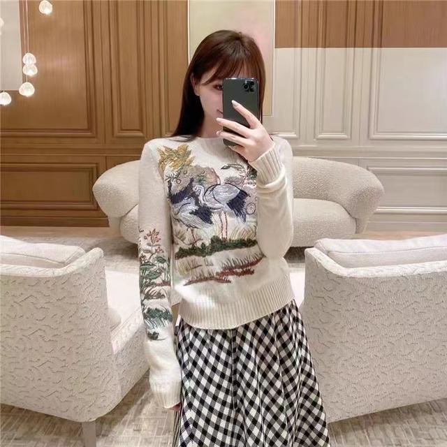 DIOR 22 autumn and winter New retro heavy industry embroidery flowers crane knitted sweater round neck pullover long sleeve soft waxy sweater
