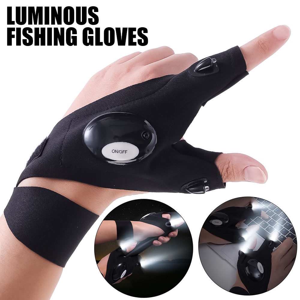 Găng Tay Câu Cá / Cắm Trại Ban Đêm Không Ngón Chống Thấm Nước Có Đèn LED Sạc USB