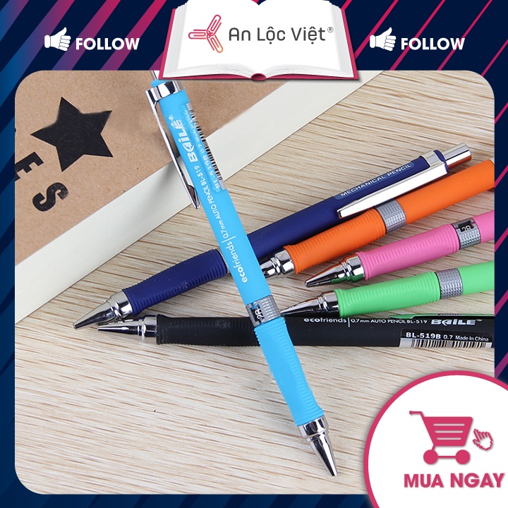 Set 2 Bút chì bấm cơ khí Baile BL-519B ngòi 2B, kích thước 0.5mm - 0.7mm