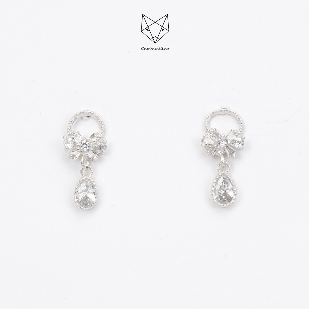 Khuyên Tai Bạc Ta Nữ CaoBac Silver Hình Nơ Thiết Kế Giọt Đá Rơi Lấp Lánh Tinh Tế, Dễ Thương Xinh Xắn Dành Cho Bạn Gái