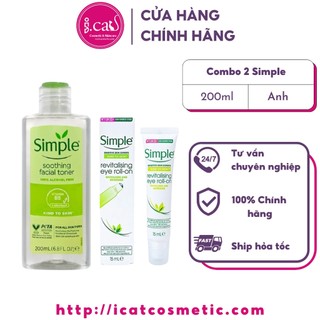 Combo Toner cân bằng ẩm Simple soothing facial toner 200ml + Lăn dưỡng mắt Simple revitalising eye roll-on 15ml