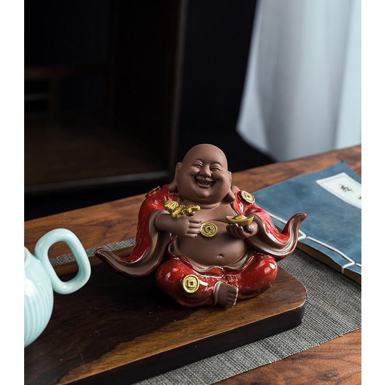 Tượng Di Lặc hoan hỉ tài lộc cỡ nhỏ cao cấp sắc nét men hỏa biến- Tượng Di Lặc gốm tử sa trang trí bàn trà, quà tặng