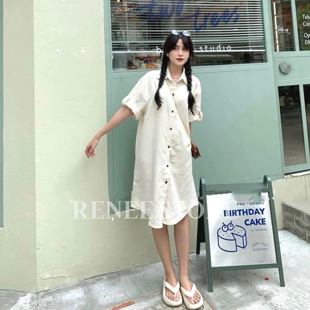 Váy sơ mi nhung tăm dáng dài, váy suông ngắn tay khuy gỗ - VS10