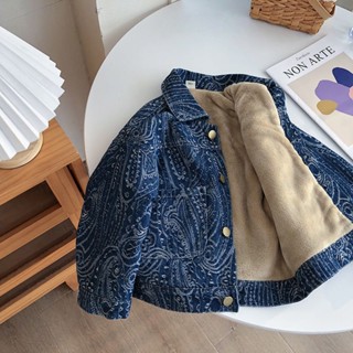 [Baile Little Forest] Áo Khoác Denim Lót Lông Cừu Dày Thời Trang Thu Đông Phong Cách Mới Cho Bé Trai