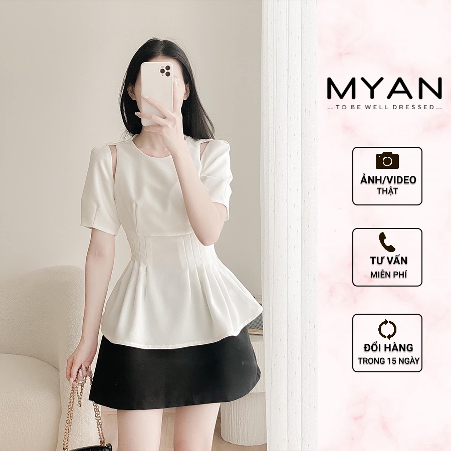 Áo hở vai cách điệu Áo Peplum Eo Xếp Ly MYAN Thiết Kế Cổ Cut Out Chiết Eo Tôn Dáng Công Sở Màu (Đen, Trắng) AVN092201