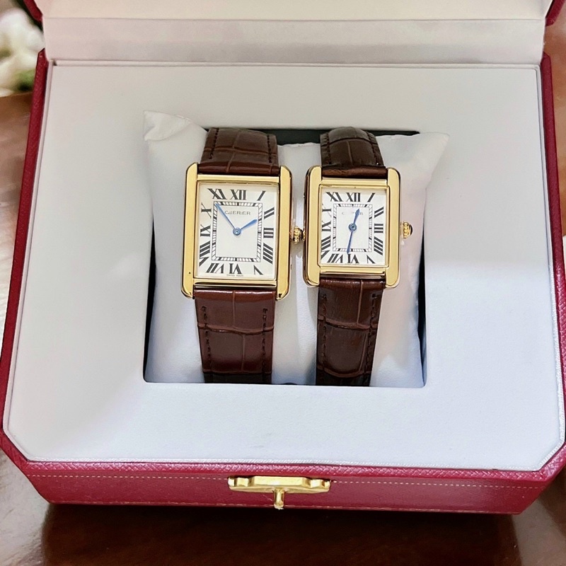 Đồng hồ dây da nam nữ CTr tank 20x23mm và 26x32mm mặt chữ nhật dây nâu viền vàng cổ điển