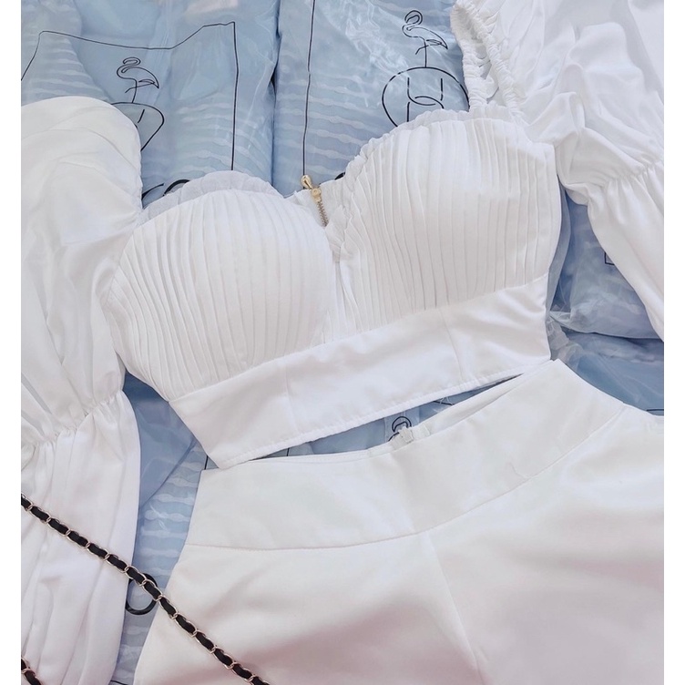 set áo croptop cúp tay phồng + quần trắng