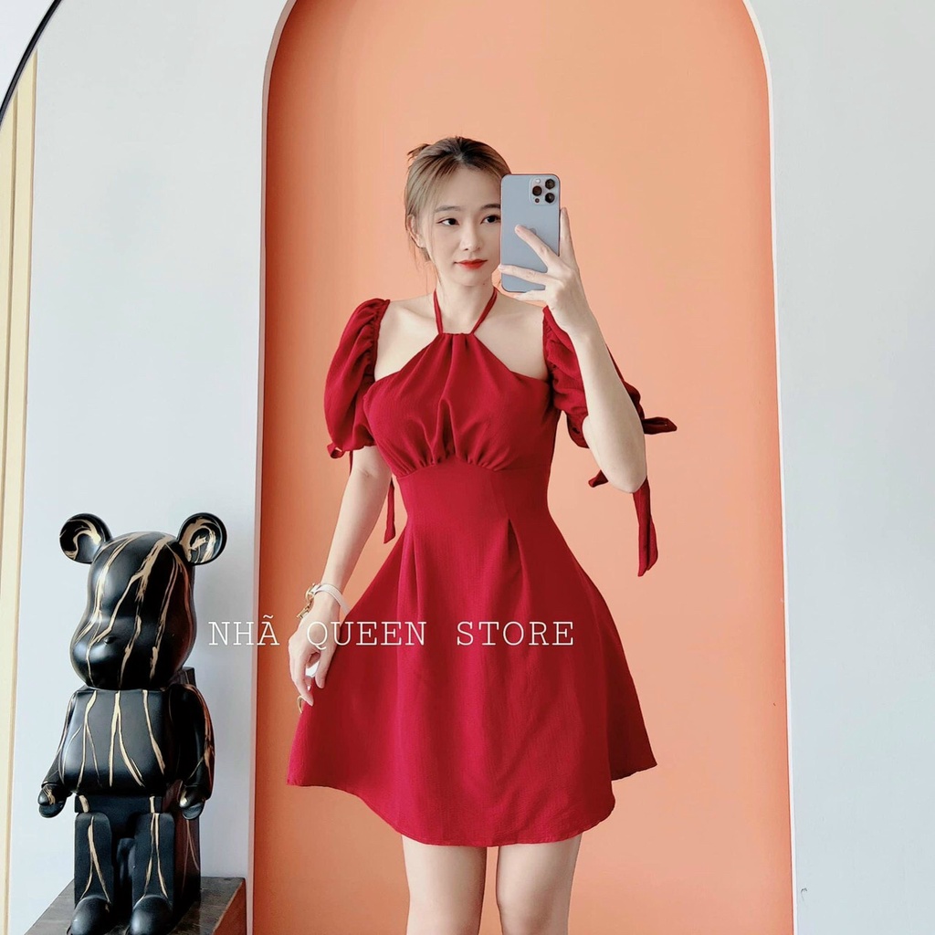 Đầm xòe cổ yếm tay cột nơ chất lụa nhung cao cấp đi tiệc,dạo phố,Noel,Tết siêu xinh