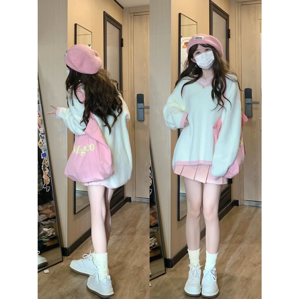 Bộ Áo Sweater + Chân Váy Lửng Mềm Mại Phong Cách Preppy Thời Trang Mùa Thu 2022