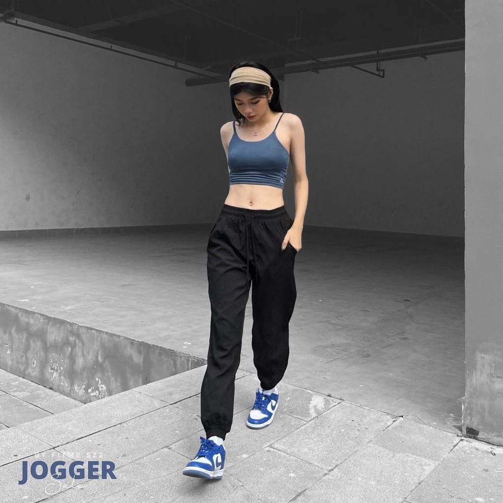 Bộ đồ tập gym Fitme áo bra thể thao nữ Lota xanh navy, quần jogger microfiber đen thoáng mát