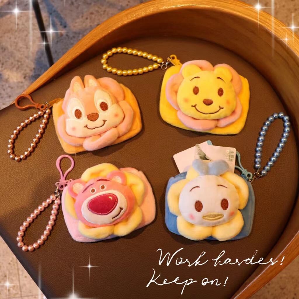 Ví Đựng Tiền Xu Bằng Vải Bông Đính Ngọc Trai / Gấu Pooh Màu Kẹo Ngọt Phối Dây Xích Dễ Thương