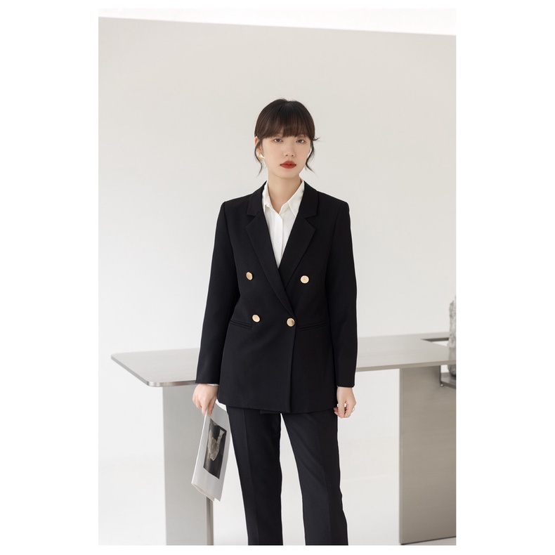 Áo blazer nữ công sở 2 lớp cao cấp Áo vest nữ dáng rộng có túi tiện lợi đính khuy sang chảnh dễ phối đồ mặc đi làm