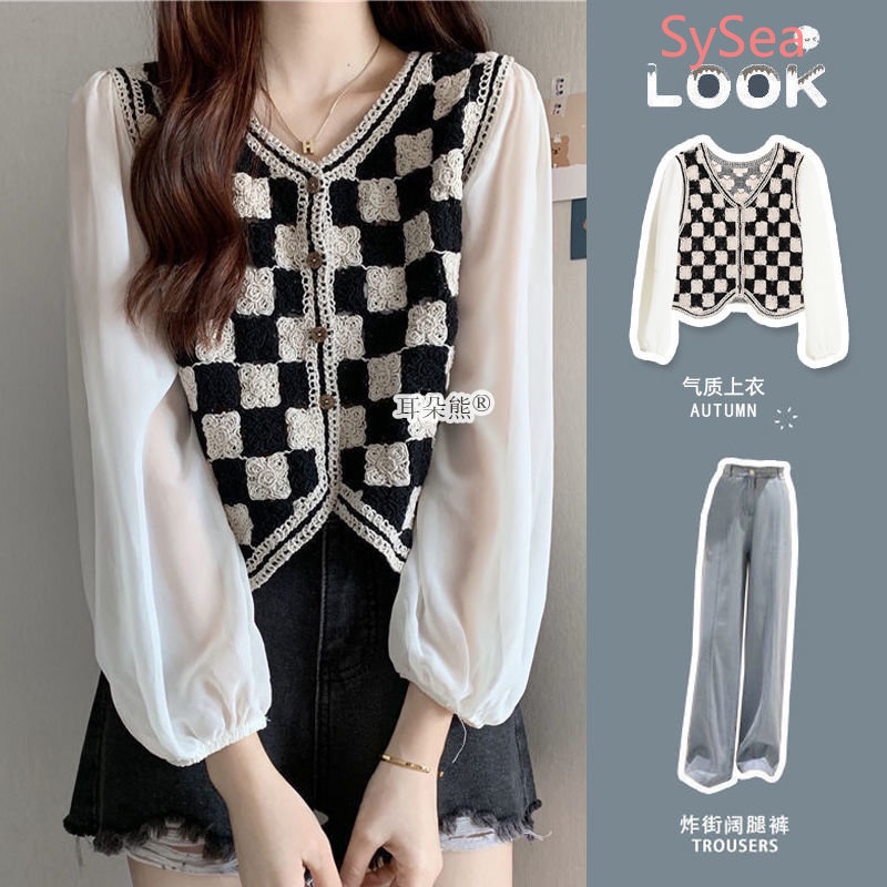 Áo Dệt Kim Tay Dài Sọc Ca Rô Thời Trang Hàn Quốc Cá Tính Cho Nữ