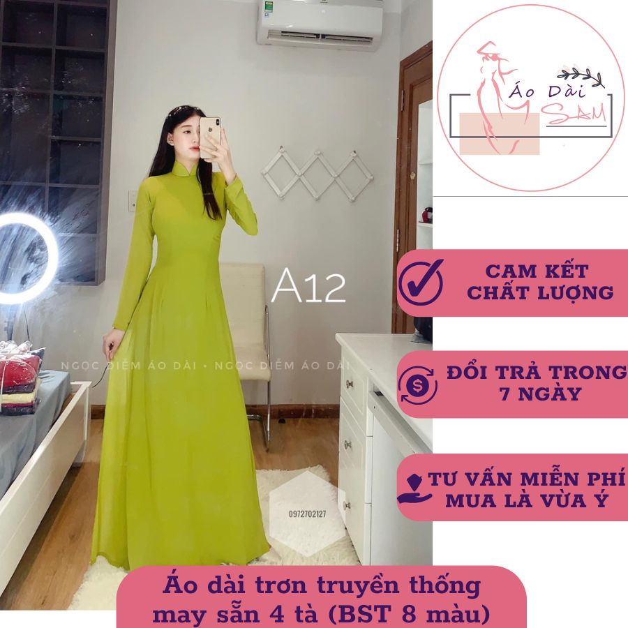 Áo dài trơn truyền thống 4 tà may sẵn tay dài kèm quần bộ sưu tập 8 màu tay dài cổ V 2cm saam