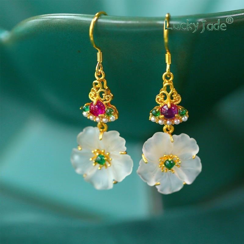 Bông Tai Mạ Bạc 925 Hình Hoa Đính Ngọc Bích Trắng Phong Cách Dân Tộc