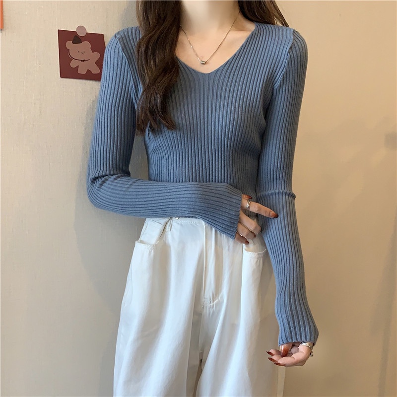 Áo Len Cổ Chữ V Cho Nữ Hàng Dệt Kim, 10 Màu Đơn Giản Retro Màu Trơn Tay Dài Dệt Kim Hàng Đầu