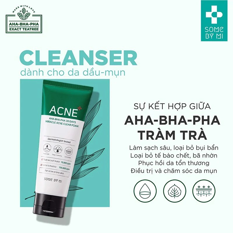 Sữa Rửa Mặt Dịu Nhẹ Sạch Sâu, Ngăn Ngừa Mụn, Kiểm Soát Nhờn Some By Mi AHA-BHA-PHA,Matcha Pore,Green Tea 100ml