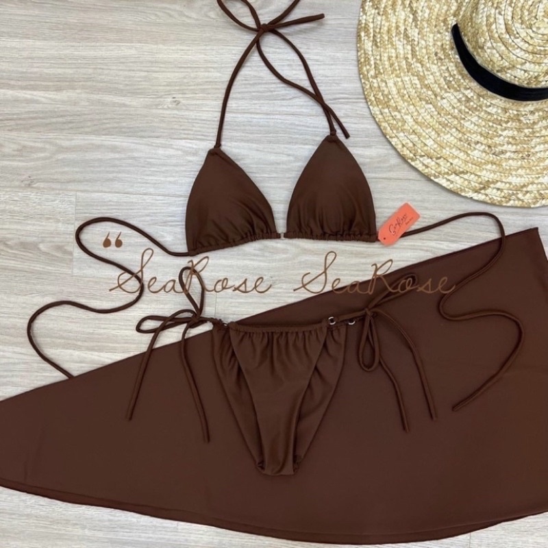 Bikini,đồ đi biển sexy, set 3 món kèm quây màu nâu sang chảnh | BigBuy360 - bigbuy360.vn