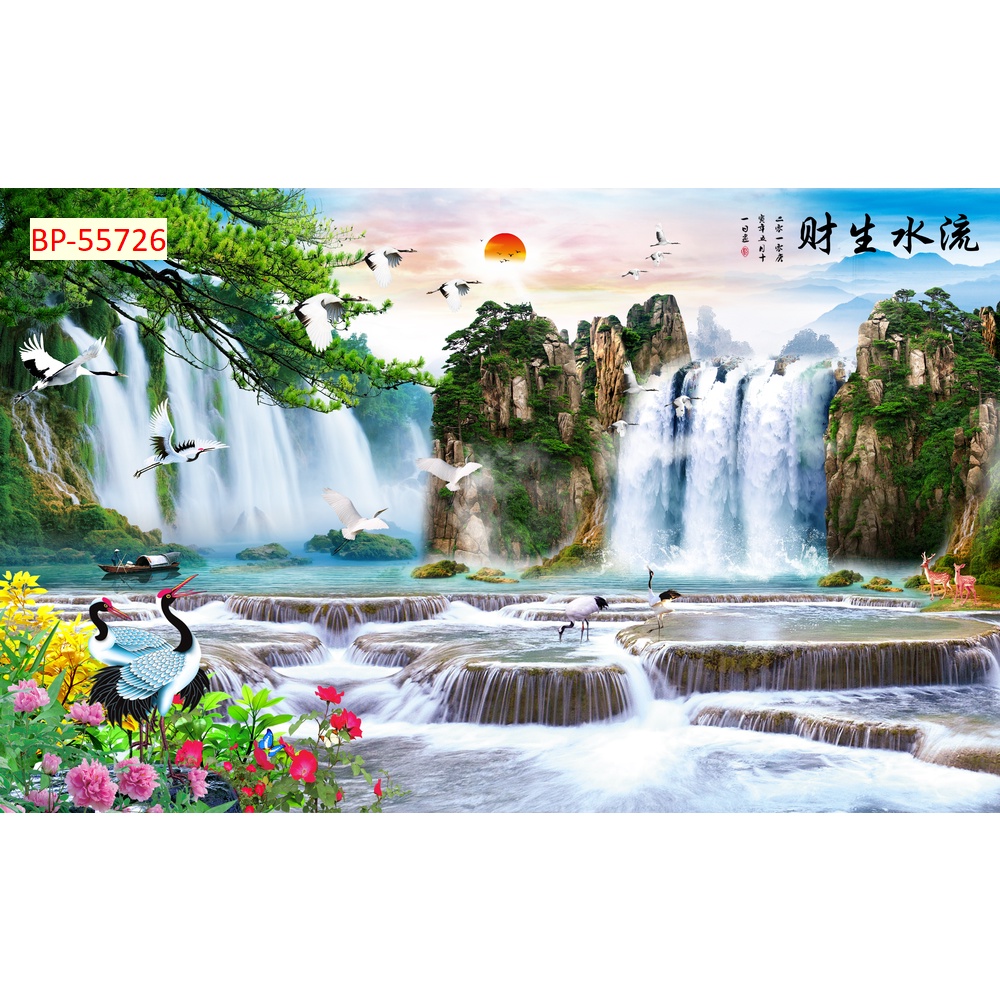 Tranh dán tường Sơn Thủy 3D Cao Cấp Tặng Keo Dụng Cụ Dán