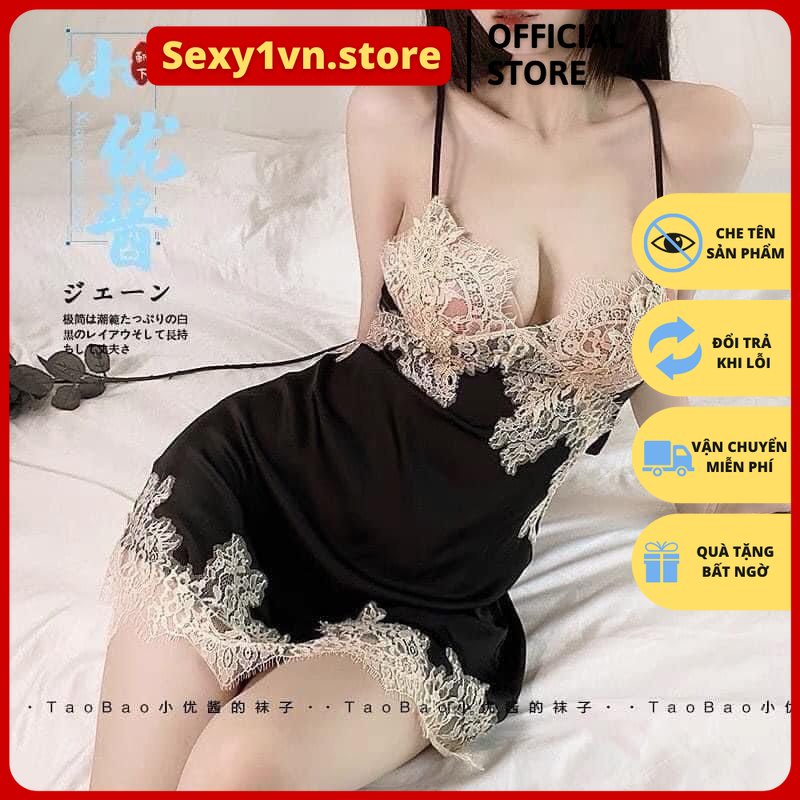 Váy ngủ, đầm ngủ hai dây lụa sattin cao cấp sexy .Đồ mặc ở nhà gợi cảm đan dây sau lưng viền ren ngực đồ ngủ nữ