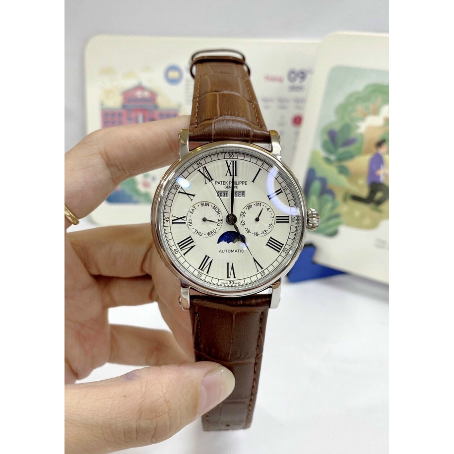 Đồng hồ Nam Patex 6kim cơ automatic có lịch thứ ngày trăng sao dây da vỏ trắng