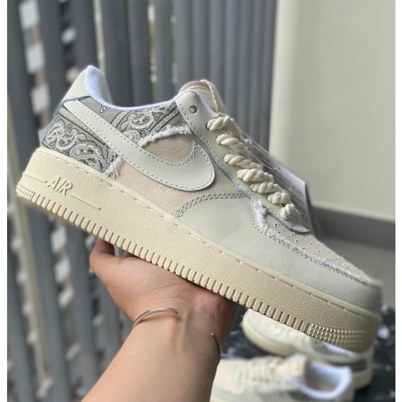 Giày thể thao AF1 dây thừng họa tiết Paisley màu kem, Giày sneaker thổ cẩm dây thừng nam nữ cao cấp đủ phụ kiện