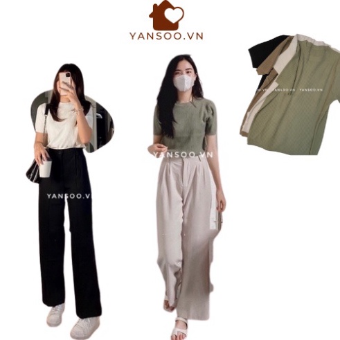 Áo len nữ , áo len tăm nữ  montoghi Quảng Châu tay ngắn gân sọc Hàn Quốc YANSOO - Hàng mới về