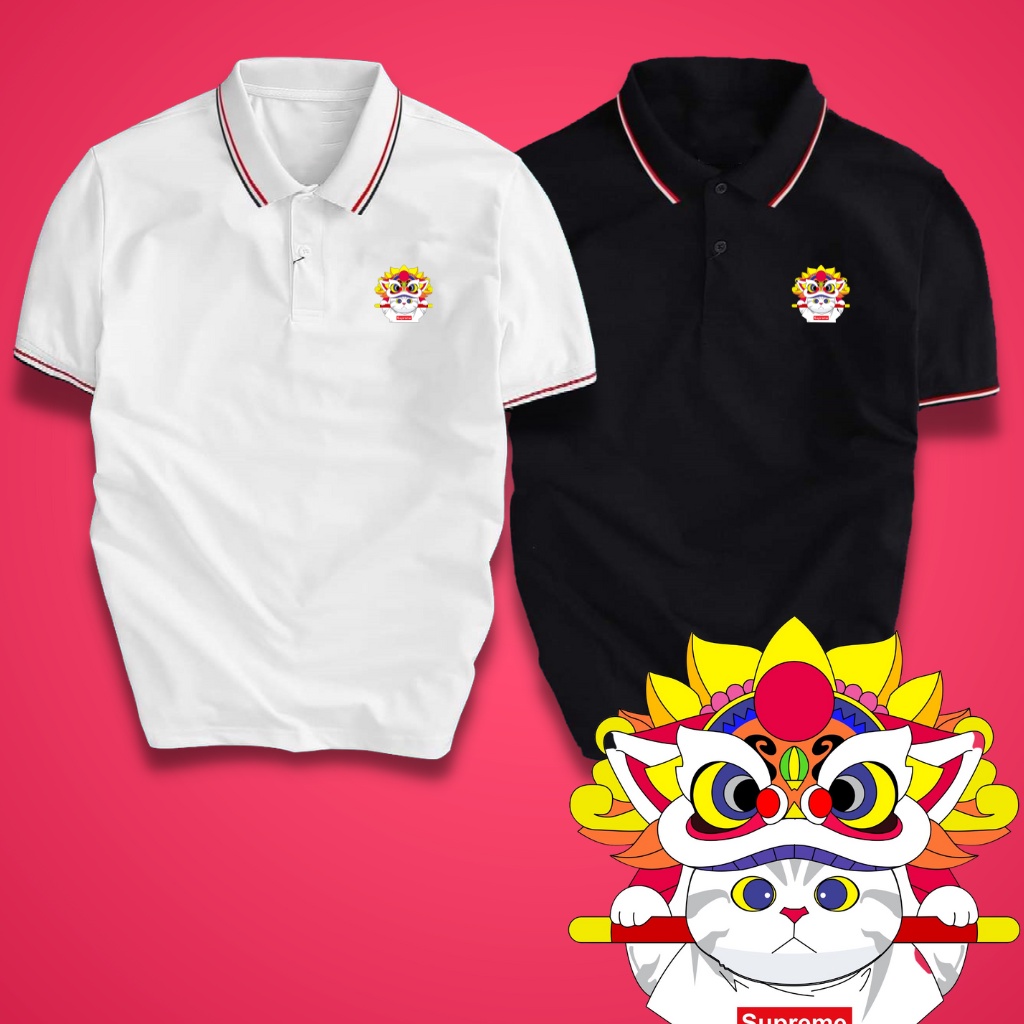 Áo thun polo nam cổ bẻ phối sọc , in hình Mèo supper - không xù lông không ra màu , hình in sắc nét không bong tróc