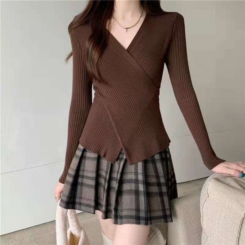 [Giao Ngay] Áo Sweater Đen Tay Dài Cổ Chữ V Chéo Màu Trơn Dáng Ôm Thời Trang Mùa Xuân Mới Cho Nữ
