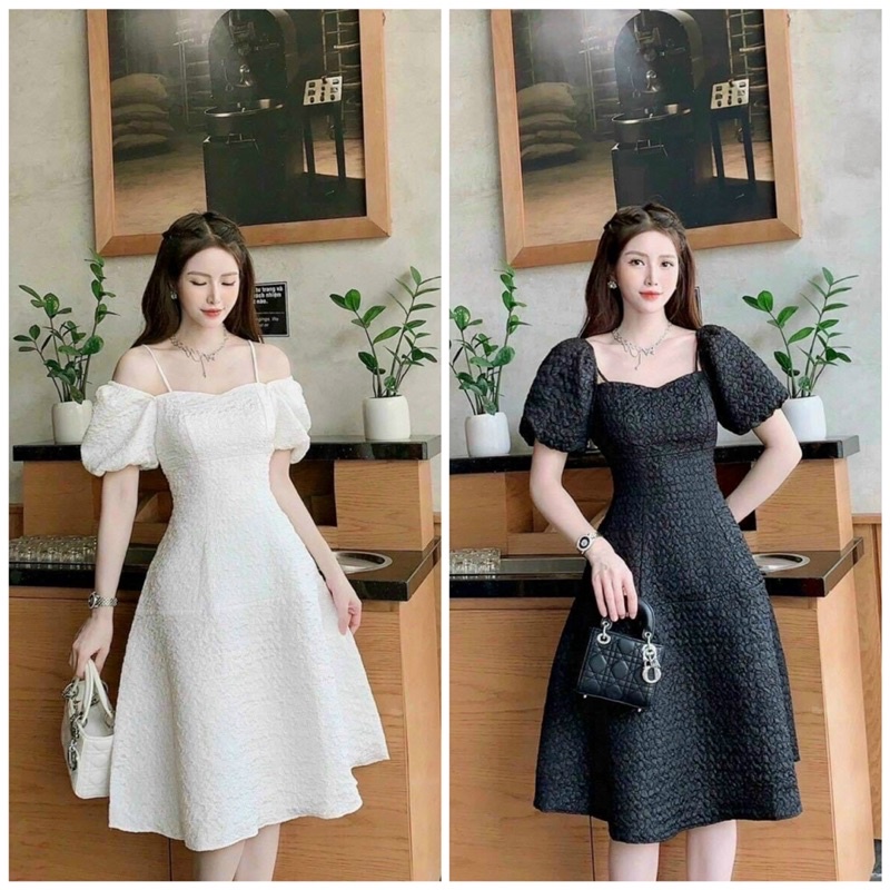 Đầm dự tiệc trễ vai tay bồng chất gấm xốp phong cách ngọt ngào